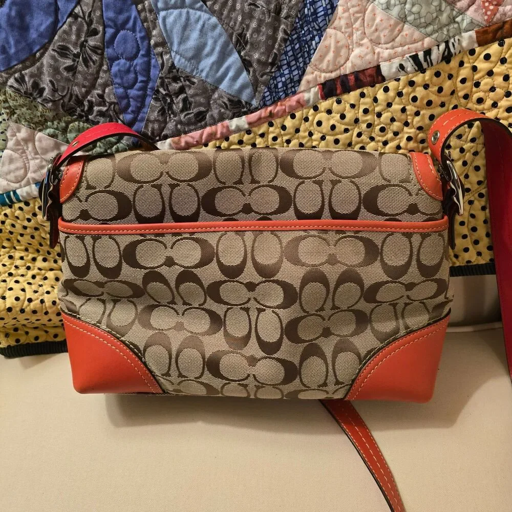 Coach Hampton Signature Flap Orange Leather Trim and Tan Crossbody Bag - Picture 2 of 9